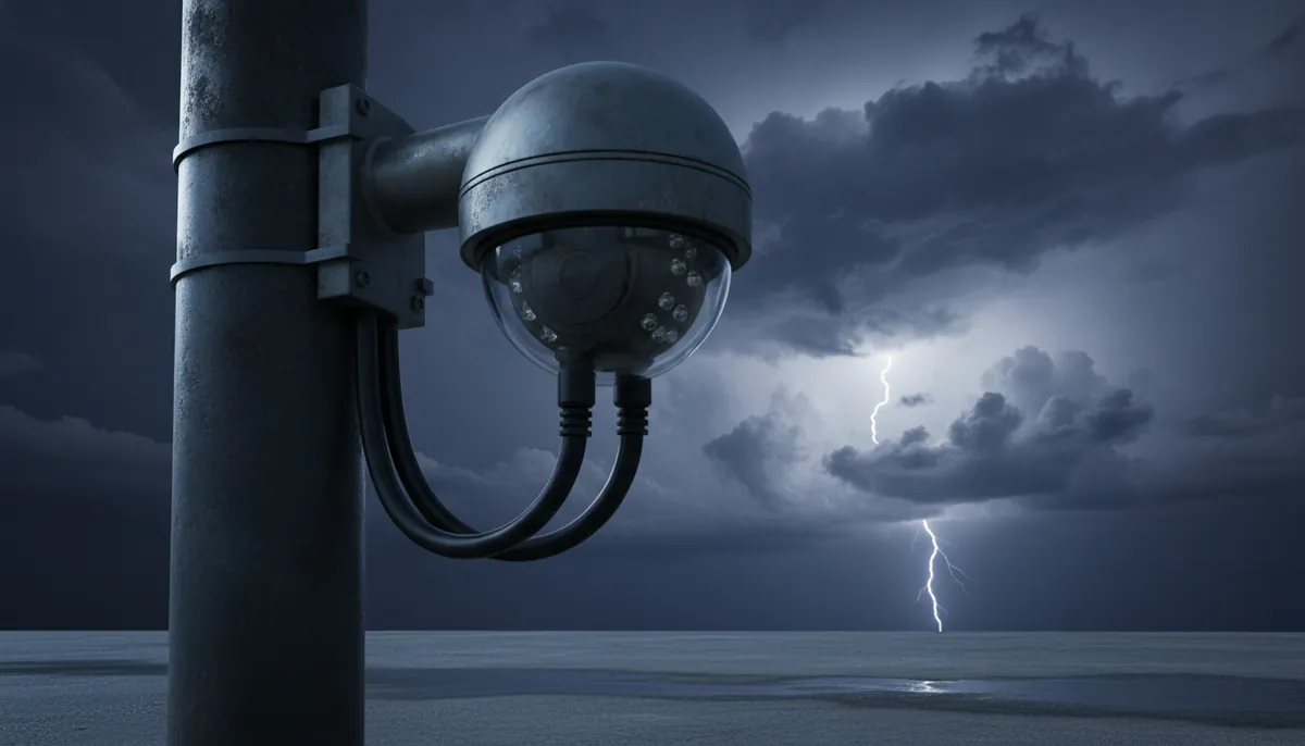 Уличная IP-камера на металлической опоре под грозовым небом с молнией вдали